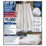 WHOLESALE $5,000 LOT OF 5 OPTIC WHITE SHEETING / BACKING FABRIC ROLLS, APPROX 105 YDS, 60"W, GARMENT LINING, QUILT BACKING, BEDDING, PILLOW & MATTRESS COVERS, NAP MATS, PATTERN MAKING, COMMERCIAL 