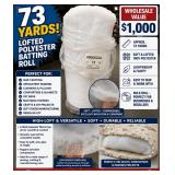 WHOLESALE $1,000 LOFTED POLYESTER BATTING ROLL, APPROX 73 YDS, QUILT BATTING, UPHOLSTERY PADDING, CUSHIONS, COMFORTERS, PET BEDS, MATTRESS TOPPERS, CRAFTS, SOFT GOODS MANUFACTURING & RESELLER LOT