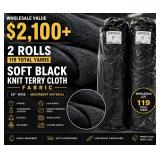 WHOLESALE $2,100+ 2 ROLLS SOFT BLACK KNIT TERRY CLOTH FABRIC, 119 TOTAL YARDS, 60"W ABSORBENT MATERIAL *APPAREL, LOUNGEWEAR, JOGGERS, HOODIES, SPA ROBES, HAIR WRAPS, MAKEUP REMOVER WIPES, WASHCLOTHS &