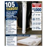WHOLESALE $1,000 OPTIC WHITE SHEETING / BACKING FABRIC ROLL #2, APPROX 105 YDS, 60"W, GARMENT LINING, QUILT BACKING, BEDDING, PILLOW & MATTRESS COVERS, NAP MATS, PATTERN MAKING, COMMERCIAL SEWING,