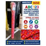 WHOLESALE $650 ABC 123 FUN EDUCATIONAL ALPHABET & NUMBER PRINT BROADCLOTH FABRIC ROLL, APPROX 65 YDS, RED MULTI-COLOR, DAYCARE, PRESCHOOL, CLASSROOM, NAP MAT, QUILTING, SEWING, CRAFT & RESELLE