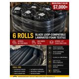 WHOLESALE $7,000+ 6 ROLLS BLACK LOOP-COMPATIBLE LAMINATED FOAM TEXTILE, 390 TOTAL YARDS, 1/8" CHAR FOAM CORE, TRICOT BACKING, ORTHOPEDIC BRACES, PROTECTIVE COVERS, SHOCK ABSORPTION, AUTOMOTIVE INTERIO