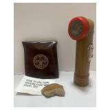 Vintage Boy Scouts Olive Green Angle Flashlight WORKS. And BSA Flint and Steel Set