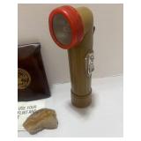Vintage Boy Scouts Olive Green Angle Flashlight WORKS. And BSA Flint and Steel Set