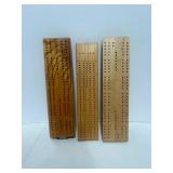 Three Wooden Cribbage Boards with Pegs