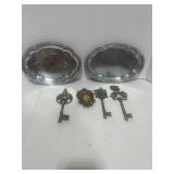 Two Silver Trays and Gold Tone Skeleton Key Décor