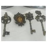 Two Silver Trays and Gold Tone Skeleton Key Décor