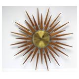 Excellent Working Mid Century Brass & Teak Wood Sunburst Wall Clock - Seth Thomas "Star Flower"