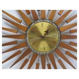 Excellent Working Mid Century Brass & Teak Wood Sunburst Wall Clock - Seth Thomas "Star Flower"