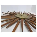 Excellent Working Mid Century Brass & Teak Wood Sunburst Wall Clock - Seth Thomas "Star Flower"