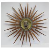 Excellent Working Mid Century Brass & Teak Wood Sunburst Wall Clock - Seth Thomas "Star Flower"