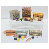 Group of Old Vintage Fishing Lures & Advertising Ammo Boxes