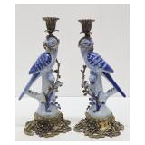 Gorgeous Vintage Ormolu & Porcelain Parrot Candlesticks