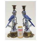 Gorgeous Vintage Ormolu & Porcelain Parrot Candlesticks