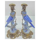 Gorgeous Vintage Ormolu & Porcelain Parrot Candlesticks