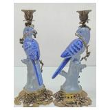 Gorgeous Vintage Ormolu & Porcelain Parrot Candlesticks