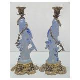 Gorgeous Vintage Ormolu & Porcelain Parrot Candlesticks