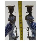 Gorgeous Vintage Ormolu & Porcelain Parrot Candlesticks