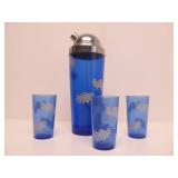 Old Vintage Art Deco Cobalt Blue Glass Shaker & Tumbler Set w/Rooster Decoration