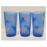 Old Vintage Art Deco Cobalt Blue Glass Shaker & Tumbler Set w/Rooster Decoration