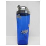 Old Vintage Art Deco Cobalt Blue Glass Shaker & Tumbler Set w/Rooster Decoration