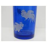 Old Vintage Art Deco Cobalt Blue Glass Shaker & Tumbler Set w/Rooster Decoration