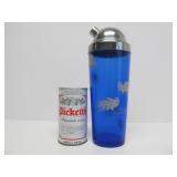Old Vintage Art Deco Cobalt Blue Glass Shaker & Tumbler Set w/Rooster Decoration