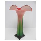 Very Nice Large Vintage Hand Blown Glass Flower Vase - Red, White & Green