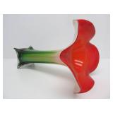 Very Nice Large Vintage Hand Blown Glass Flower Vase - Red, White & Green