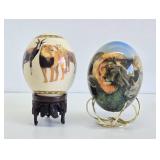Pair of Decorated Genuine Ostrich Eggs w/Display stands