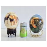 Pair of Decorated Genuine Ostrich Eggs w/Display stands
