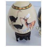 Pair of Decorated Genuine Ostrich Eggs w/Display stands