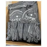 LOT OF 40 NEW WOOPS! MIXED SIZE HEATHER GRAY T-SHIRTS, LOGO PROMOTIONAL APPAREL, SHORT SLEEVE CREW NECK TEES, BULK INVENTORY LOT!