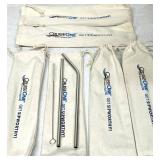 6-CT LOT NEW STAINLESS STEEL REUSABLE STRAW SETS, CRUISEONE "GET SIPWORTHY" BRANDED TRAVEL KITS W/ CLEANING BRUSHES & CANVAS POUCHES!