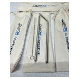 6-CT LOT NEW STAINLESS STEEL REUSABLE STRAW SETS, CRUISEONE "GET SIPWORTHY" BRANDED TRAVEL KITS W/ CLEANING BRUSHES & CANVAS POUCHES!