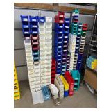 MSRP $500 ASSORTED LOT OF INDUSTRIAL STORAGE BINS, 200+ STACKABLE & HANGING MODULAR AKRO-BINS, ASSORTED SIZES & COLORS, PROFESSIONAL WAREHOUSE/FACILITY STORAGE! EXCELLENT CLEAN CONDITION!