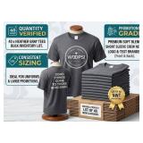 LOT OF 40 NEW WOOPS! MIXED SIZE HEATHER GRAY T-SHIRTS, LOGO PROMOTIONAL APPAREL, SHORT SLEEVE CREW NECK TEES, BULK INVENTORY LOT!
