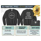 LOT OF 46 NEW WOOPS! MIXED SIZE CREWNECK SWEATSHIRTS, HEATHER GRAY PROMOTIONAL APPAREL, SWEET TREATS LOGO PULLOVER SWEATERS, BULK LOT!