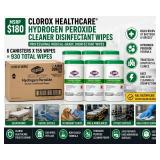 MSRP $180 CLOROX HEALTHCARE HYDROGEN PEROXIDE DISINFECTANT WIPES CASE, 6 CANISTERS X 155 WIPES (930 TOTAL), PROFESSIONAL HOSPITAL-GRADE CLEANER, NON-BLEACH FORMULA, MEDICAL DENTAL VETERINARY EMS FACIL