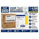 MSRP $600 OWEN MUMFORD UNISTIK TOUCH SAFETY LANCETS CASE, 4,000 TOTAL LANCETS (20 BOXES X 200), REF AT1415, 21G 2.0MM HIGH FLOW CONTACT-ACTIVATED SAFETY LANCETS, SINGLE-USE RETRACTABLE DESIGN, DIABETE