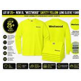 LOT OF 25+ NEW MIXED SIZES "WESTWOOD" SAFETY YELLOW LONG SLEEVE T-SHIRTS, HIGH-VISIBILITY CREWNECK WORK SHIRTS, NEW CONDITION!