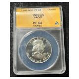 1963 US PROOF FRANKLIN HALF DOLLAR ANACS PF64 CAMEO