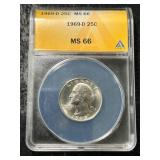 1969-D US WASHINGTON QUARTER ANACS MS66