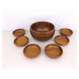 Vintage Richmond Cedar Works 9" Wood Bowl and 6 Upsala Teak Wood 5.25" Bowls