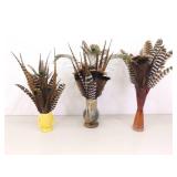 Lot of 3 Vintage Vases Full of Peacock etc. Feathers