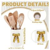 LemonRoad Gold Bow Ceramic Utensil Holder 3D Handmade Gold Kitchen Decor Gifts Cooking Utensil Crock with Scalloped Preppy Caddy Pen Holder Vase Vintage Retro Graduation Gift for College Students