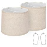 Lampshades Set of 2, Drum Lampshades 11.6" Top x 12.6" Bottom x 9.8" High, Seaside village Medium Lampshades (Spider Fitter), Beige Lampshades Natural Linen Hand Crafted, Easy Assembly Required