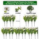 Grunyia 20 Bundles Artificial Flowers for Outdoors, UV Resistant Fake Plants Flowers Greenery Shrubs Plants for Decoration Outside Plants Hanging Planter Home Garden Decor (White)