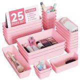 BiuLeon 25 PCS Plastic Drawer Organizers Set, 4-Sizes Vanity and Makeup Organizer, Desk and bathroom Drawer Organizer Trays, Organizers and Storage for Makeup, Jewelry, Gadgets, Utensils (Pink)