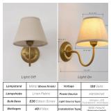 Vintage Curved Arm Fabric Wall Sconce with Linen Cloth Shade, Hardwired Indoor Single Sconce Light Wall Mounted Lamp for Bedroom Living Room Stairs Hallway